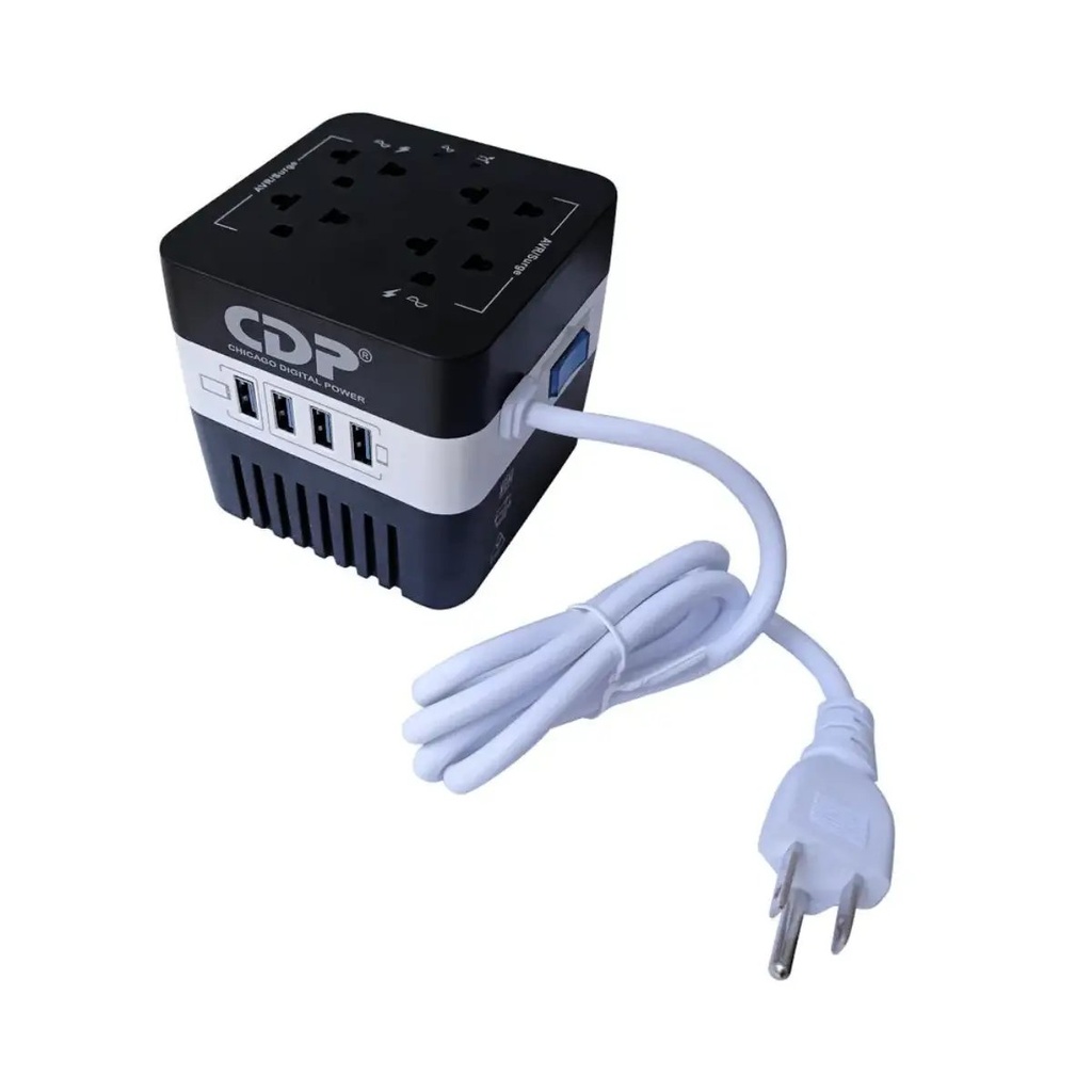 Estabilizador voltaje con supresor de picos 220Vac 600VA, 4 tomas 4 USB RU-AVR604I